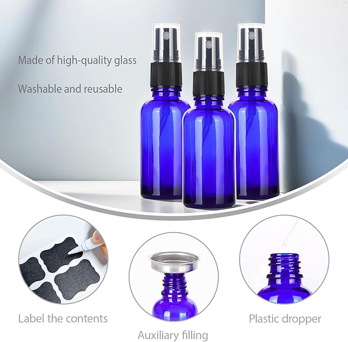 1 oz Glass Blue Spray Bottles,Small Empty Fine Mist Refillable Travel Spray Bottle for Cleaning,Perfume,Aromatherapy,Cosmetic Sprays,Hair,Essential Oils with Fine Mist Dispenser（3 Pack）