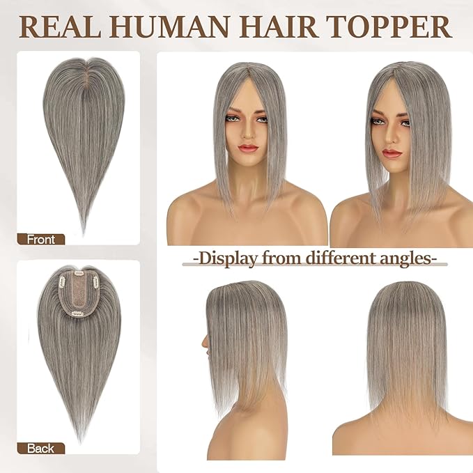 Rich Choices Hair Toppers for Women Real Human Hair 100% Human Remy Toppers NO Bangs for Women with Thinning on Top Clip in Hairpiece 4"x4.7"Lace Base 14 Inch Salt and Pepper G2 Sliver