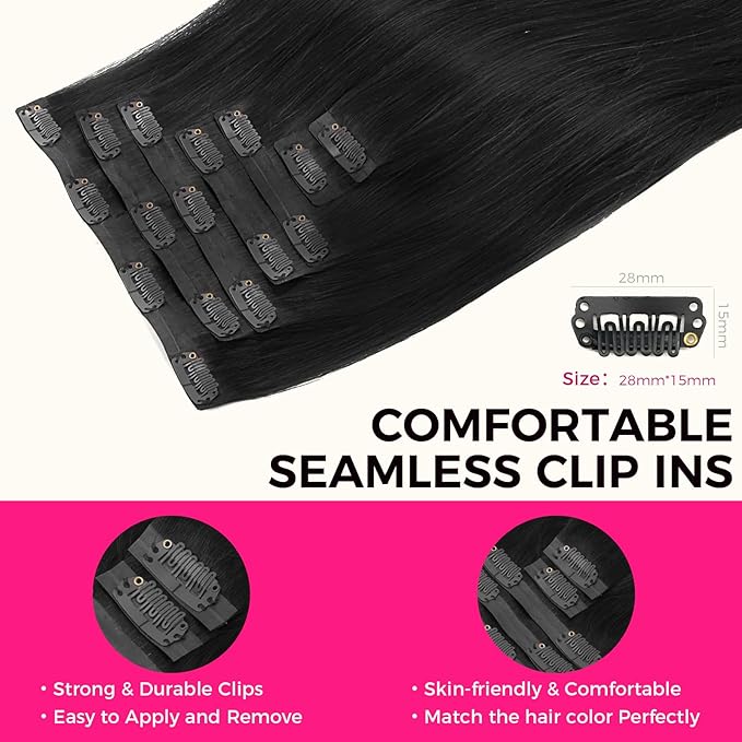 Lashey Seamless Clip in Hair Extensions, Straight Remy Human Hair Extensions 12 Inch #1 Jet Black 7pcs 80g Real Human Hair Extensions with Soft Invisi Edge PU Weft