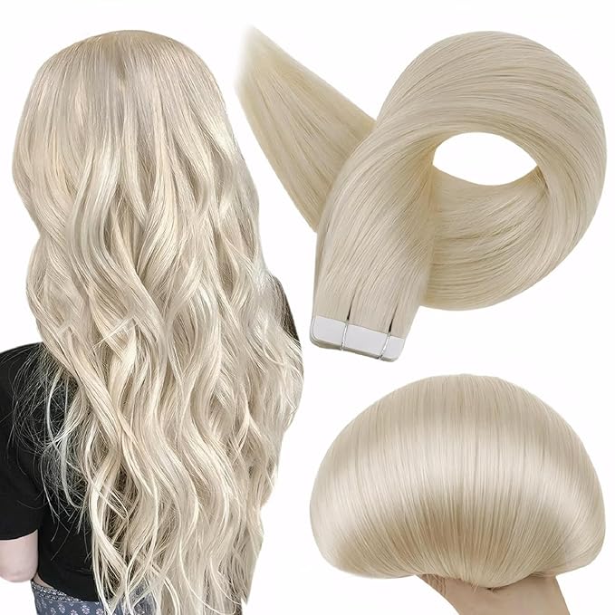 Full Shine Invisible Tape in Hair Extensions Human Hair 24Inch Blonde Tape in Human Hair Extensions Color 60 Blonde Straight Soft Skin Weft Lightweight Reusable Extension 100G 40Pcs