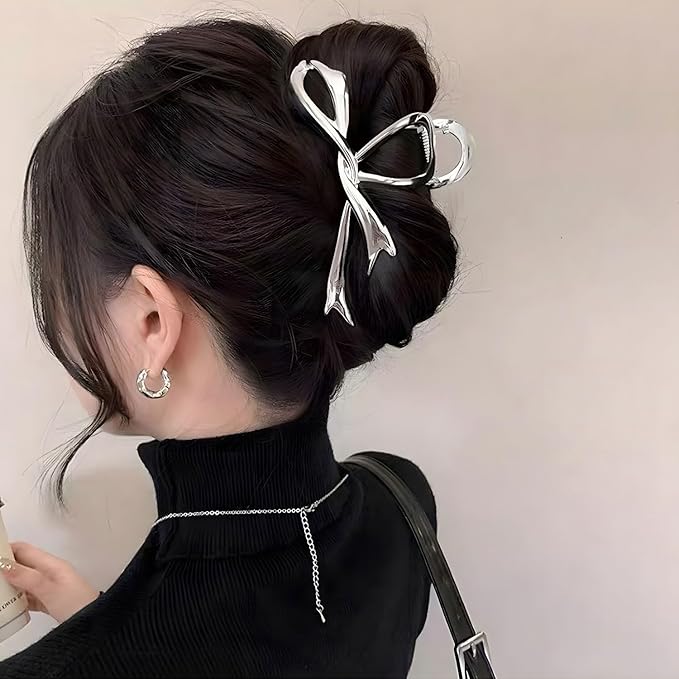 Silver Ribbon Bow Metal Hair Clips, Alloy Elegant Non-Slip Strong Hold Grip Jaw Clip for Thick and Thin Hair