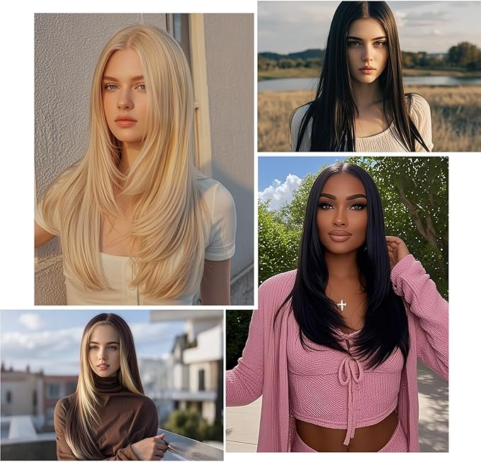 Brown Mix Blonde Long Straight Layered Wig 26 Inches Long Straight Wigs for Women Synthetic Lace Front Wig Middle Part Synthetic Wigs for Daily Cosplay Party Use(#Brown Mix Blonde, 26 Inch)