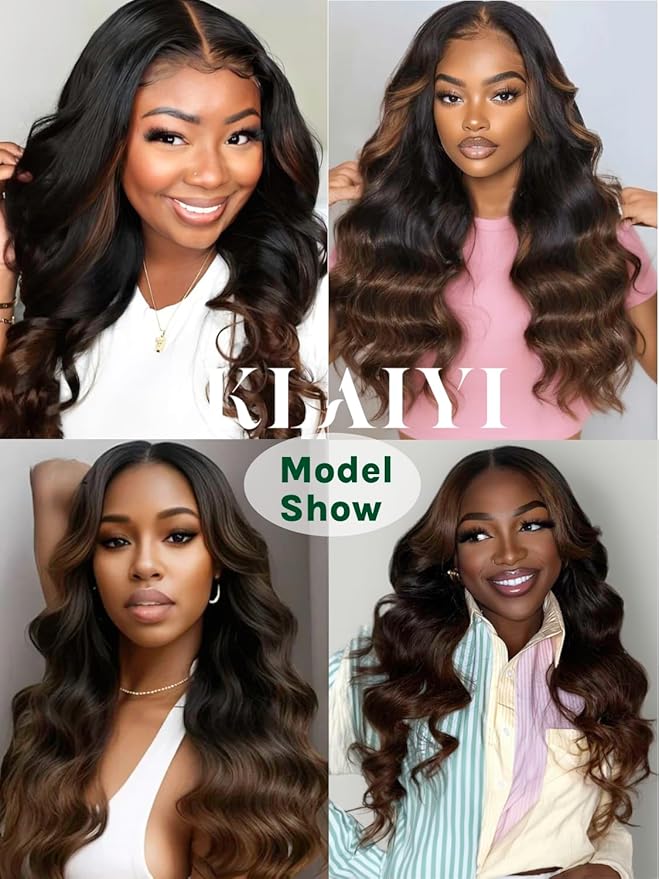 KLAIYI Ombre Brown V Part Wig Body Wave Human Hair Upgrade U Part Wig with Dark Roots Glueless Chestnut Brown Clip in Half Wig No Glue No Leave Out Beginner Wigs for Women Wear and Go Wig 150% 16Inch
