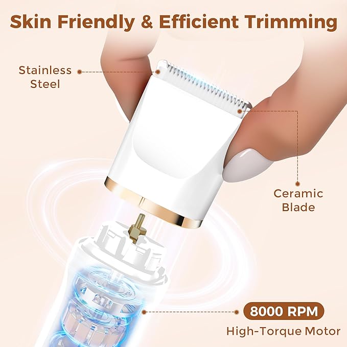 Bikini Trimmer for Women, 5-in-1 Waterproof Electric Razors for Women, Rechargeable Pubic Hair Trimmer, Electric Shaver with Travel Pouch, Body Shaver for Private Area Underarm Leg Face Nose, White