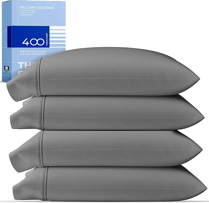 THREAD SPREAD 100% Cotton King Size Pillowcases Sets of 4-400 Thread Count Cotton Pillow Cases, Ultra Soft Cooling Sateen Weave Pillowcases, Set of 4 Pillow Covers for King Pillows - Dark Grey