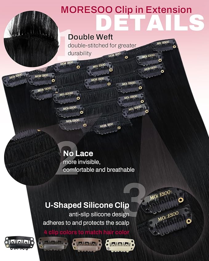 Moresoo Short Clip in Hair Extensions Black Hair Extensions Clip in Human Hair Natural Black Remy Double Weft for Women Straight 80g/5pcs 14 inch