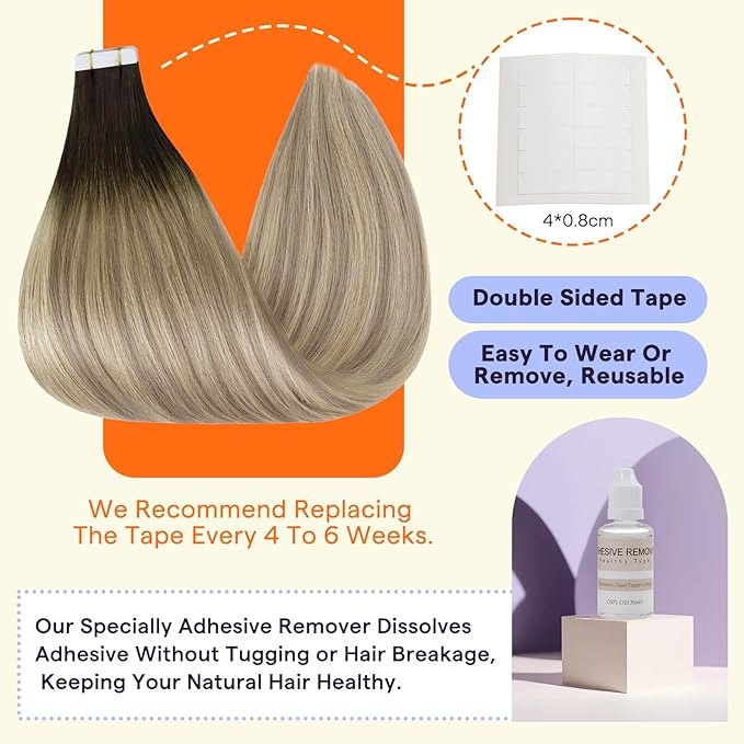 Full Shine Tape in Extensions Color 2 Fading to 18 Ash Blonde Highlight 60 Balayage Human Hair Extensions Tape ins 22 Inch Tape Extensions Human Hair 50g Tape Ins Human Hair Extensions 20PCS