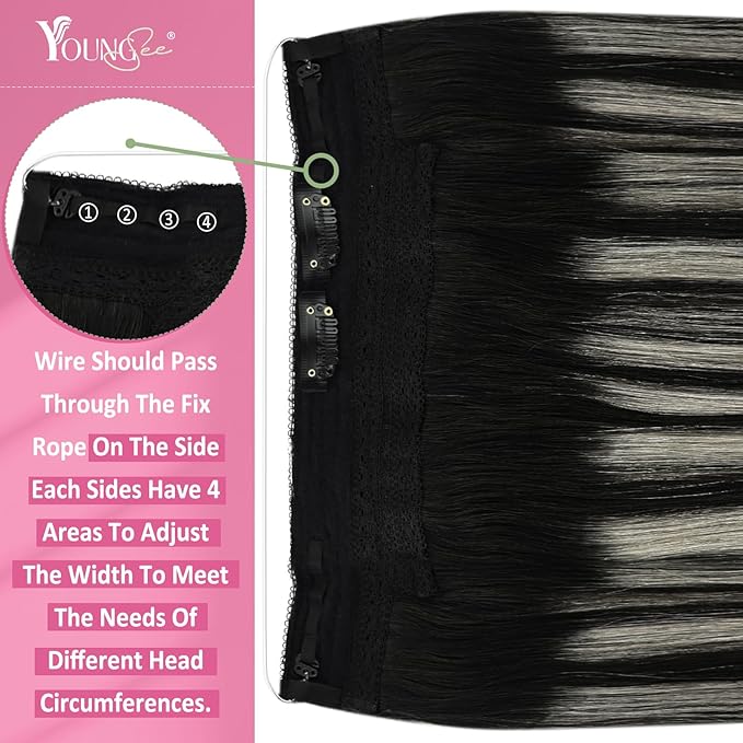 YoungSee Wire Hair Extensions Real Human Hair Ombre Secret Wire Human Hair Extensions Balayage Black with Silver Natural Fish Line Hair Extensions Human Hair 14In 80G