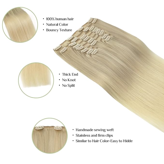 DOORES Hair Extensions Clip in Human Hair, 10pcs 160g 18 Inch Balayage Ash Blonde to Golden Blonde and Platinum Blonde Clip in Hair Extensions Straight Natural