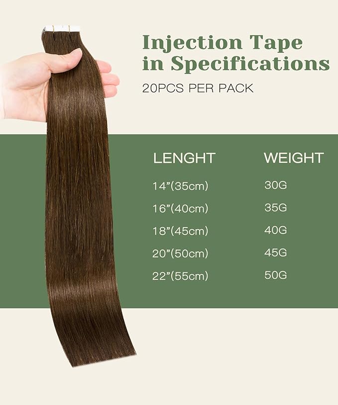 SURNEL Injected Invisible Tape in Hair Extensions Human Hair 20 Inch #4 Chocolate Brown Seamless Tape ins 20 Pcs 45g(#4,20)
