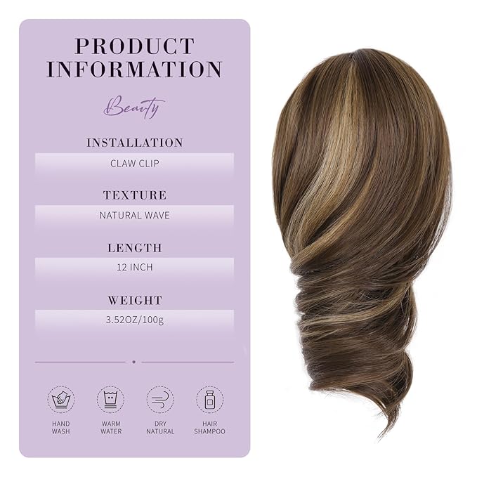 12 Inch Short Ponytail Extension - Curly Pony Tails Hair Extensions, Claw Clip Ponytail Extension, Synthetic Hair Extensions Ponytail, Clip in Ponytail (Color: Chestnut Brown With Golden Highlights)
