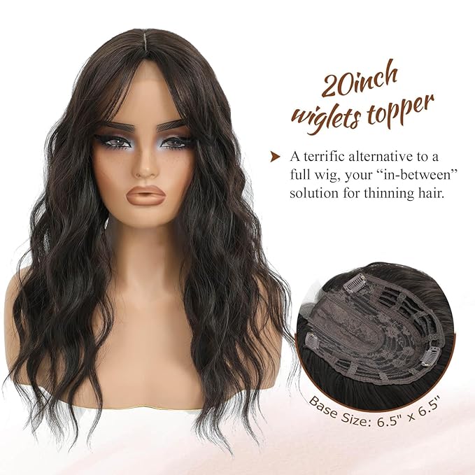 MORICHY Hair Toppers for Women Clip in Hair Topper with Bangs 20inch Black Brown Long Wavy Curly Synthetic HairPieces for Women