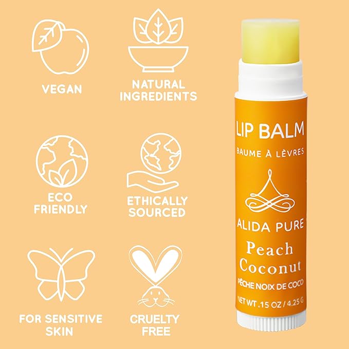Peach Coconut Lip Balm Collection, Vegan Lip Balm Set, Lip Balm, Beeswax Free, with Avocado Oil, Organic Jojoba Oil, and Vitamin E, Natural Moisturizer for Dry, Chapped Lips, 3 Tube Set
