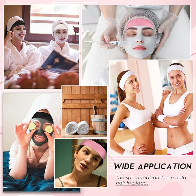 Hanaive 120 Pieces Disposable Headbands for Facials Spa Headbands with Convenient Closure Stretch Non Woven Skin Care Hair Band Soft for Women Salons Face Washing, Shower, Pink, Black, White
