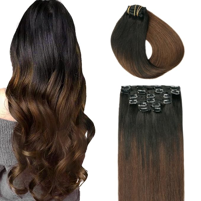 SURNEL Clip in Human Hair Extensions 18 Inch 6pcs 120g Natural Black to Chocolate Brown Double Drawn Clip Hair Extensions (#1BT4,18'')