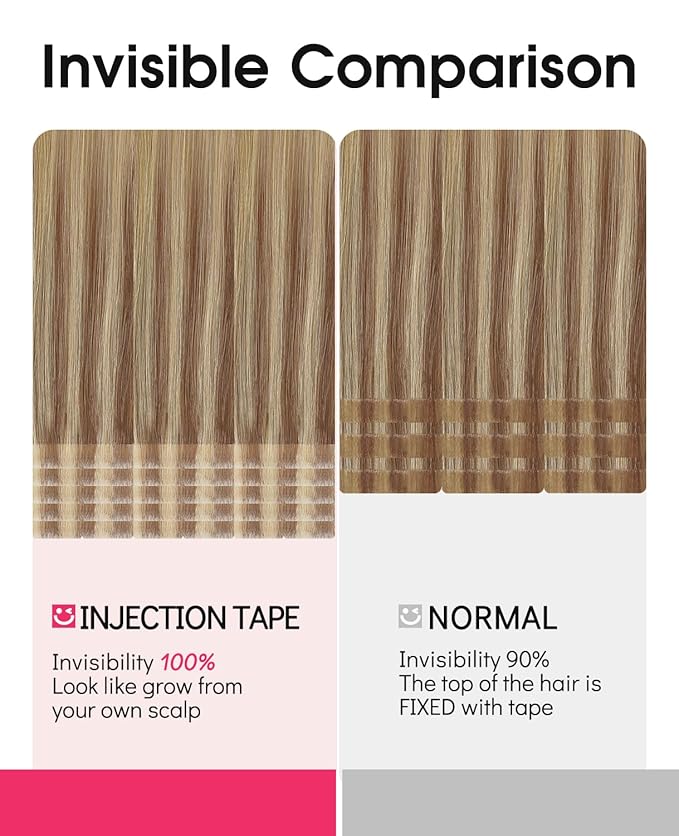 Youngsmile Invisible Tape in Hair Extensions Human Hair Balayage #10/27/27 Golden Brown to Caramel Blonde 20pcs 35g 16 Inch Injection Tape in Hair Extensions Human Hair (#10/27/27,16'')