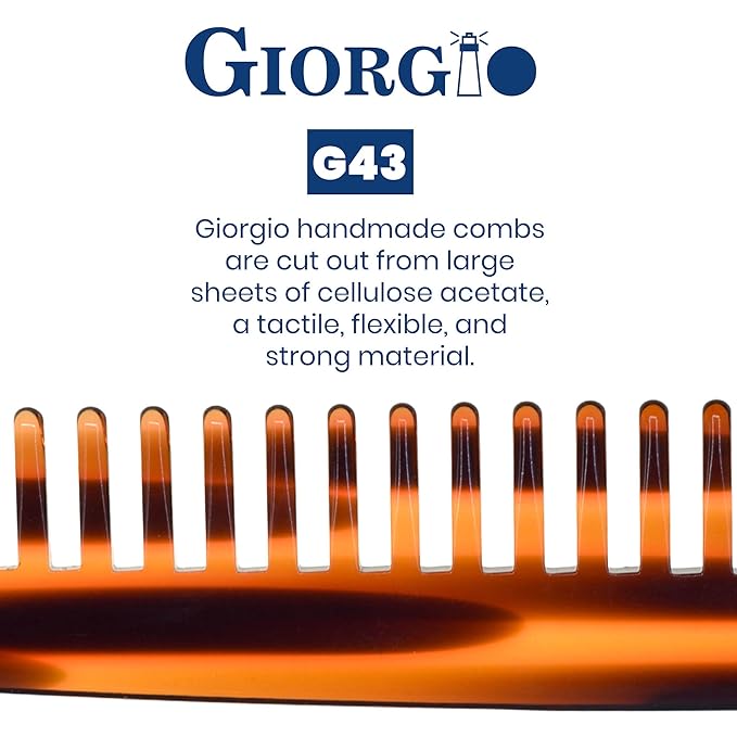 Giorgio G43 Large 7.25 Inch Detangling Comb, Wide Teeth for Thick Curly Wavy Hair. Long Hair Detangler Comb For Wet and Dry. Handmade of Quality Cellulose, Saw-Cut, Hand Polished, Tortoise Shell