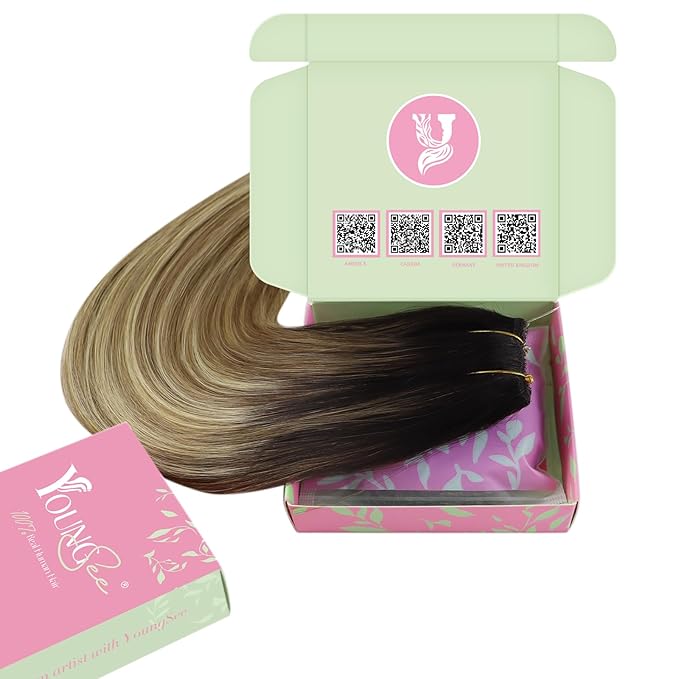 YoungSee Invisible Wire Hair Extensions Balayage Wire Human Hair Extension Dark Brown Ombre Medium Brown with Blonde Easy to Put in Headband Hair Extensions 16In 80G