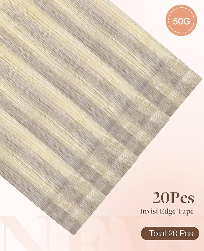 GOO GOO Invisi Edge Tape in Hair Extensions Human Hair, 17/22/60 Balayage Ash Blonde to Golden Blonde and Platinum Blonde, 20pcs 24inch 50g, Virgin Remy Hair, Seamless Injected Tape, Natural Look