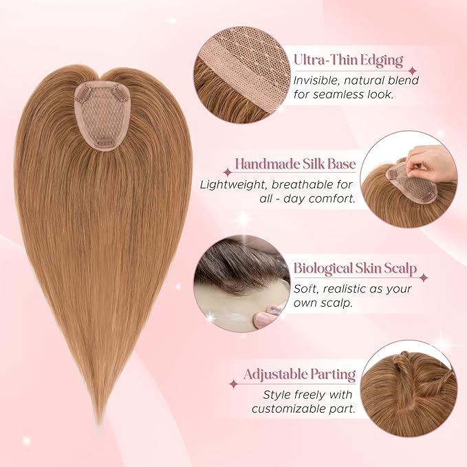 Real Human Hair Toppers for Women 3.54"*4.72" Silky Base 150% Density No Bangs Adjustable Parting Clip-In Topper Hairpieces for Women with Thinning Hair 12 Inches Light Brown