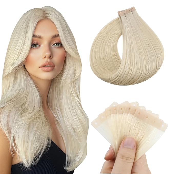 Full Shine Blonde Tape in Human Hair Extensions 22INCH Color 60 Bleach Blonde 50G 20Pcs Tape in Extensions Soft Remy Hair Extensions Real Human Hair Straight Invisible Seamless