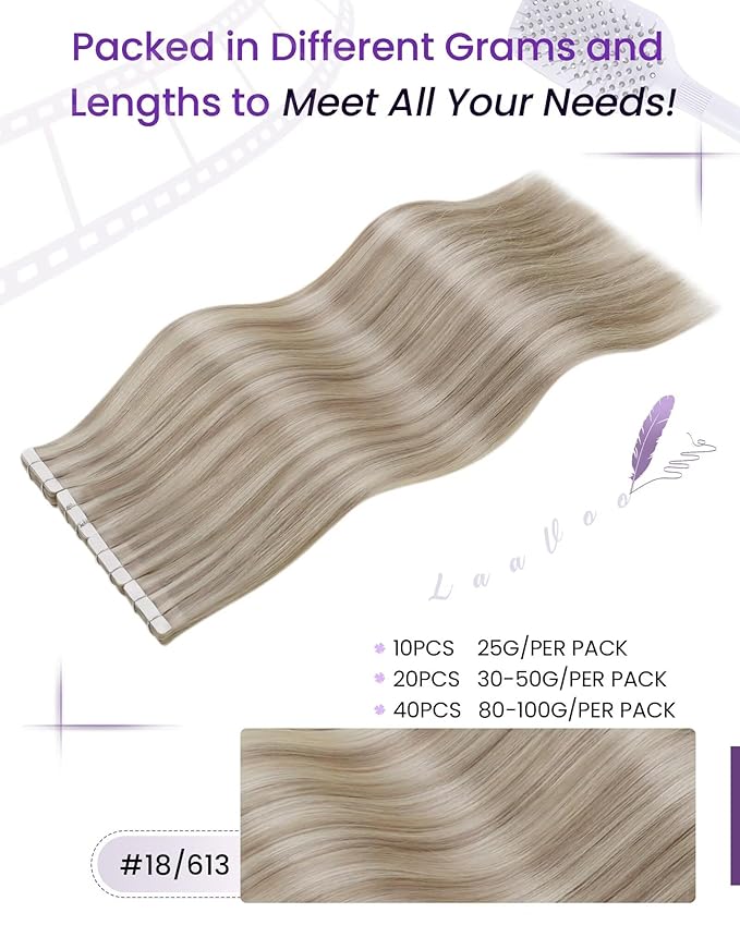 LaaVoo Tape in Hair Extensions Human Hair Blonde Tape in Extensions Human Hair Bleach Blonde Highlights with Ash Blonde50G 20Pcs 22Inch