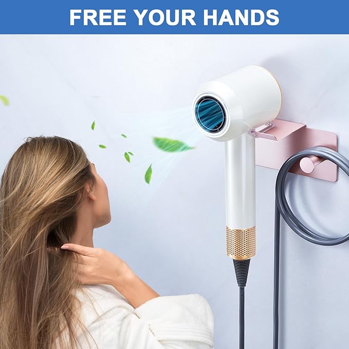 Hair Dryer Holder Wall Mounted, Blow Dryer Holder Adhesive, Metal Hairdryer Holder for Bathroom, Hair Tool Organizer with Plug&Cord for Cabinet Bathroom Bedroom Barber Shops