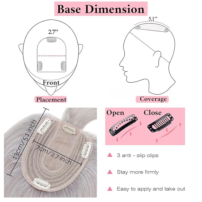 SEGO 100% Real Human Hair Toppers, with Air Bangs, Silk Base 150% Density, Clip in Topper, 2.7肺5.1・ HairPieces for Women, with Thinning/Hair Loss Cover Gray