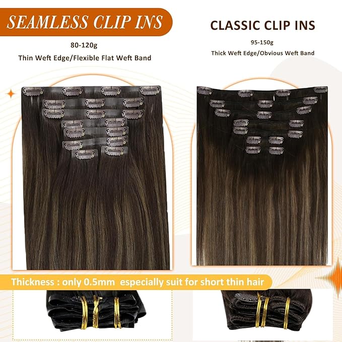 Full Shine Human Hair Clip in Extensions Balayage Dark Brown to Ash Brown Highlights Hair Extension Clip ins with Thick Ends for Women 18 Inch 120 Grams 8 PCS