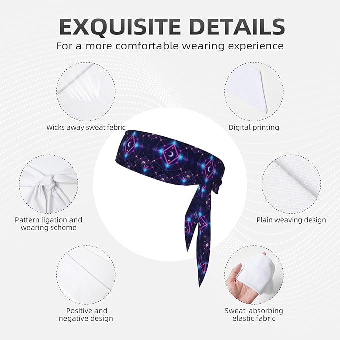 Men Women Sports Sweat Band, Multifunction Elastic Head Ribbon for Running Workout Shower, Novelty Sacred Geometric Symbols Sun Moon Trippy Purple Headdress Hair Decor
