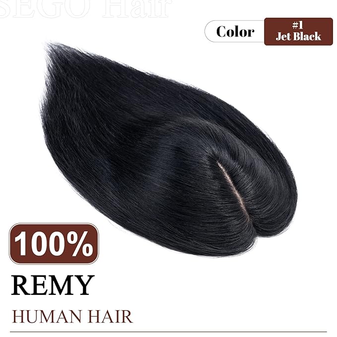 SEGO Real Human Hair Topper for Women, No Bangs Hair Topper with Anti-Slip Clips (6 Inch #1 Jet Black)