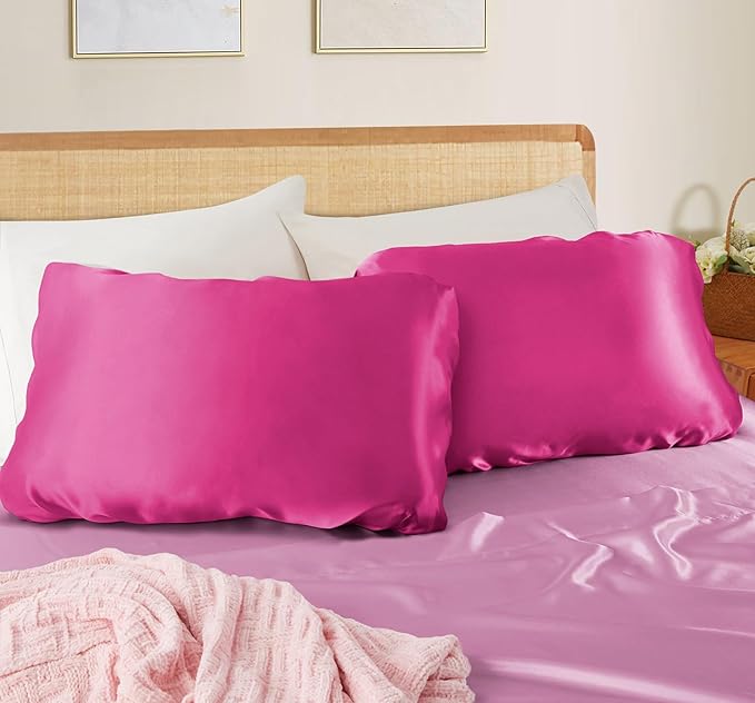 SiinvdaBZX Hot Pink Satin Pillowcase Standard/Queen Size Set of 2, Silky Travel Elastic Band Satin Pillow Case for Hair and Skin, Soft Portable & Fit for Various Pillow