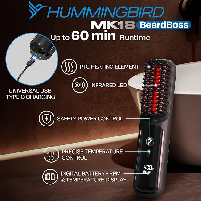 HUMMINGBIRD MK18 BeardBoss Cordless Beard Straightener for Men – Heated Beard Brush & Hot Comb, 5 Temp Settings, Anti-Scald Portable Hair Straightener, PTC Ceramic Heat, Infrared & Ionic, Travel Case
