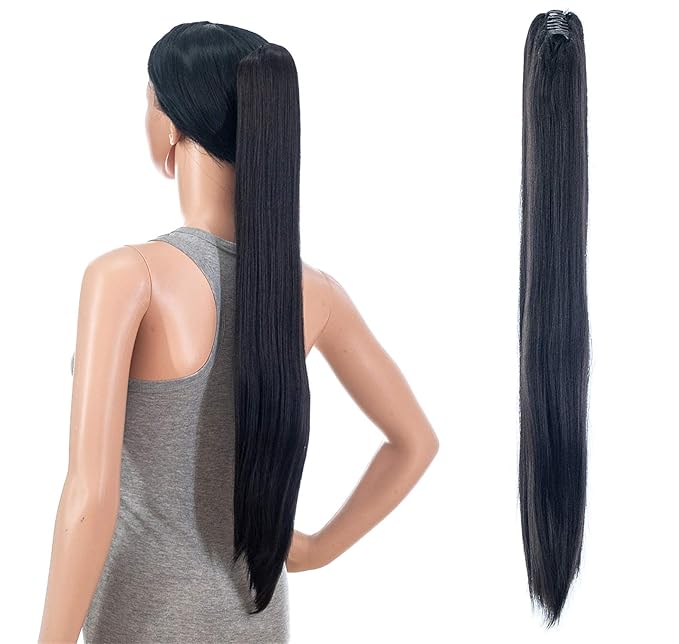 SWACC 28-Inch Long Straight Claw Clip Ponytail Extensions Synthetic Hair Extensions Ponytail Jaw Clip Hair Pieces for Women (Dark Brown-4#)