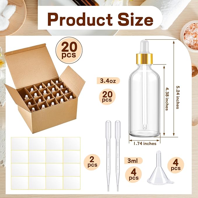 Tessco for you 20 Pack 3.4 oz Glass Dropper Bottles with Glass Eye Droppers for Essential Oils, Empty Oil Bottles with Funnel, Labels and Pipette for Hair Oils Perfume Cosmetic Travel(Amber)