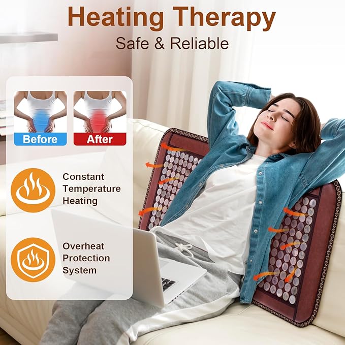 Natural Blue Jade Heating Pad, Infrared Heating Pad, Far Infrared Heating Pads with Travel Bag and Chair Strap, Smart Controller with Memory Function, Auto Shut Off (Brown, 38 in x 24 in)
