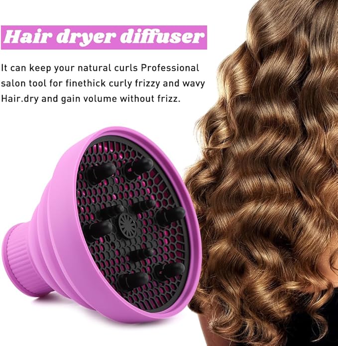Universal Foldable Hair Dryer Diffuser, Travel Hair Dryer Diffuser Attachment with Comb, Portable Hairs Diffusers Blow Dryers Attachment for Natural Thick Hairs(Color:Purple)