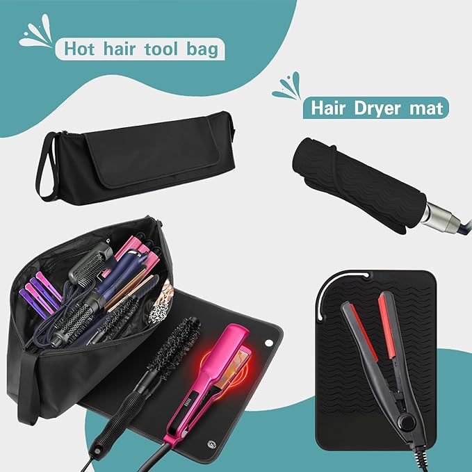 Hair Tools Travel Bag and Heat Resistant Mat，Set of 2, Women Essentials Storage Pouch for Curling Iron Straightener Flat Iron Hair Dryer
