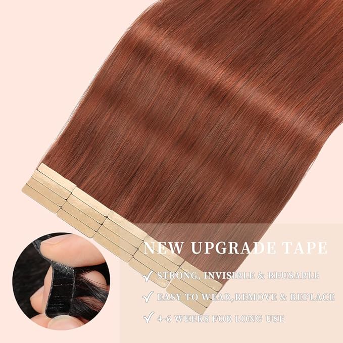 Auburn Brown Tape in Hair Extensions Human Hair, 20pcs 16 Inch Remy Hair Extensions Straight Human Hair Tape in Extensions Skin Weft Tape Extensions Human Hair (#A33,16 Inch)