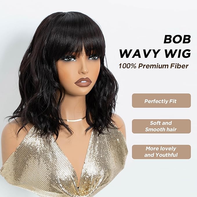 NOBLE Bob Wig with Bangs Short Wavy Wig for Women Dark Brown Shoulder Length Wig Heat Resistant Synthetic Wigs for Daily Party Use 12 Inches