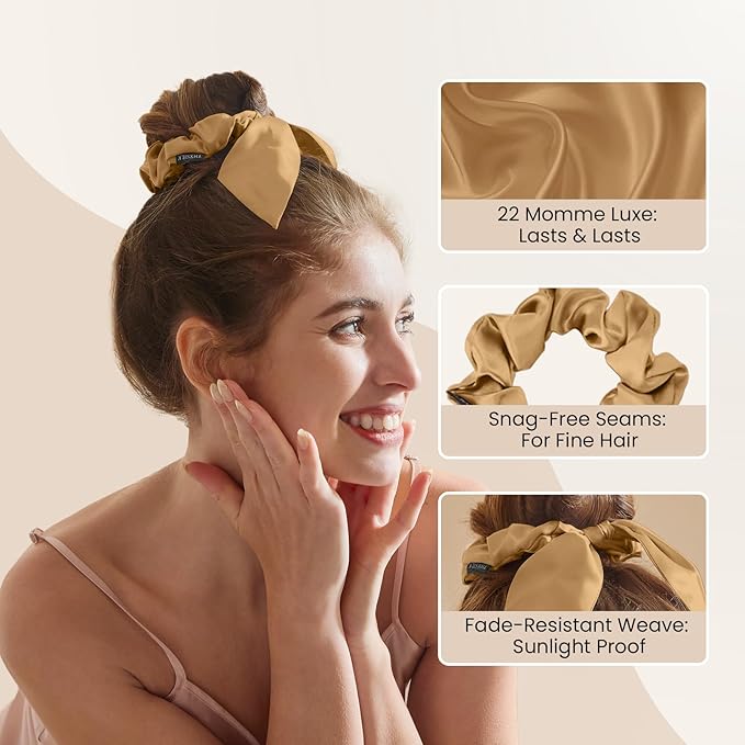 THXSILK 100% Mulberry Silk Bow Scrunchies 3-Pack, 22 Momme Mulberry Silk Hair Ties for Women, Cute Bunny Ear No Damage Ponytail Holders, Fashion Hair Accessories for Girls(M, Metallic Gold)