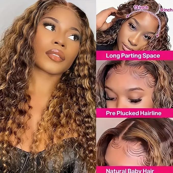 4/27 Deep Wave Lace Front Wigs Human Hair Honey Blonde Highlight Ombre Wigs Human Hair for Women 13x4 HD Transparent Lace Frontal Wigs Pre Plucked with Baby Hair 180 Density 28 Inch