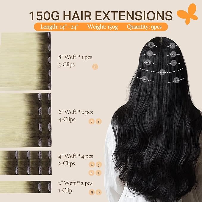 DOORES Clip in Hair Extensions Real Human Hair, Light Ash Brown to Ash Blonde 150g 9pcs 22 Inch, Human Hair Clip in Extensions Remy Clip In Hair Extensions Straight Thick Natural Hair Extensions