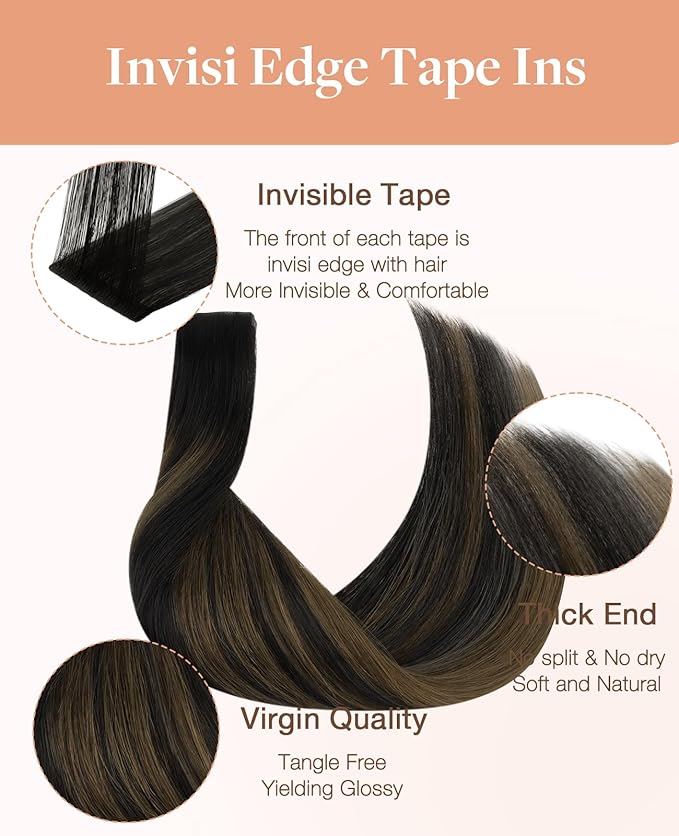 GOO GOO Invisi Edge Tape in Hair Extensions Human Hair, 1B/6/1B Balayage Natural Black to Chestnut Brown 10pcs injected with 10pcs classical tape ins, 14inch 50g, Virgin Remy Hair, Natural Look