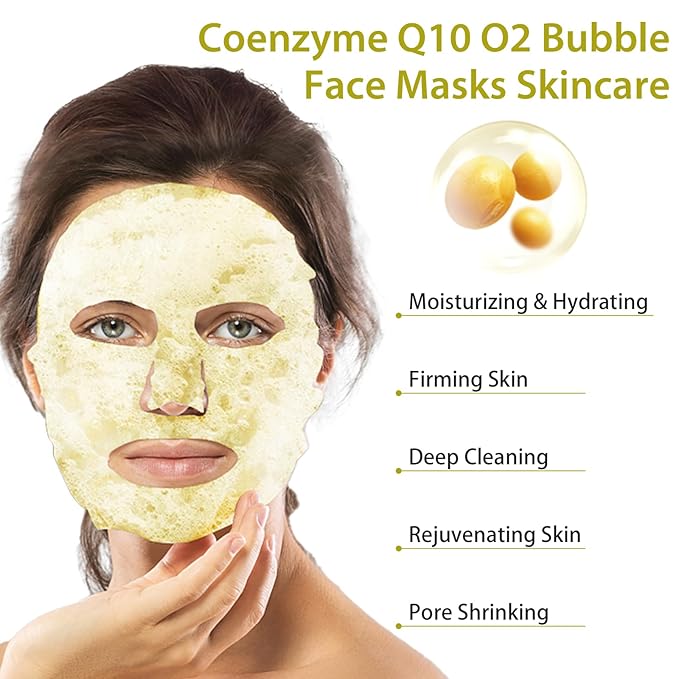 10 Sheets Coenzyme Q10 O2 Bubble Masks for Face, Bubble Face Mask Skincare for All Skin Types, Deep Cleansing Moisturizing Facial Mask Skin Care for Pores, Firming, Purifying, Sheet Masks for Spa