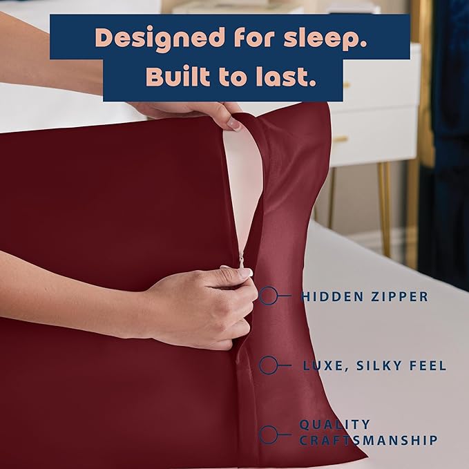BLISSFORD Satin Pillowcase with Zipper, for Hair and Skin Care, Feels Soft and Cool Like a Silk Pillowcase, Satin Pillow Cases 2 Pack, Slik Pillow Cover, Burgundy, Queen, Set of 2
