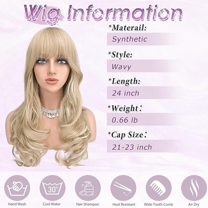 Haloo Blonde Wigs with Bangs Long Wavy Layered Haircut Natural Looking Fluffy Synthetic Heat Resistant Hair Wig for Women Daily Party, 24 Inch Dirty Blonde
