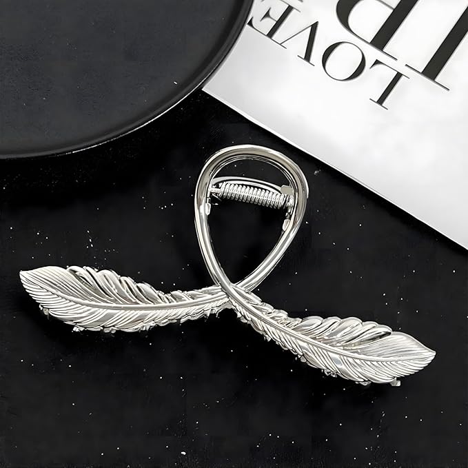 Silver Feather Metal Hair Claw Clips, 1Pcs 4.52Inch Elegant Hair Claw Clips for Thin Thick Hair Accessories Alloy Feather Hair Claw Nonslip Ponytail Holder Shark Claw Women Girls