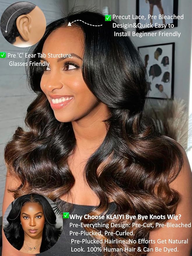 KLAIYI Ombre Brown Body Wave Bye Bye Knots Glueless Wig Pre Cut 7x5 HD Lace Front Wigs Human Hair Chestnut Brown Loose Wave Pre Plucked Bleached Wear and Go Wig with Dark Roots 30S Ready to Go 16Inch