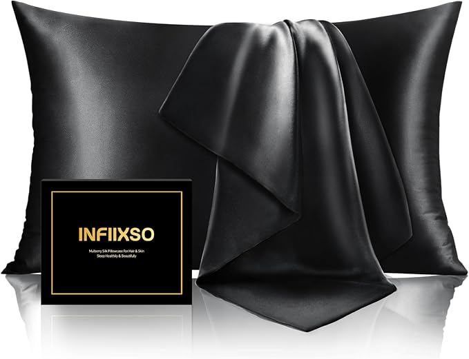 INFIIXSO Mulberry Silk Pillowcase for Hair and Skin, Silk Pillow Cases Standard Size with Hidden Zipper 20x26 Inches, Extraordinary Smooth and Soft Cooling Pillow Cases for Hot Sleepers(Black, 1 Pack)